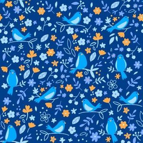 Blue Birds and Floral Orange and Blue 