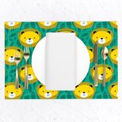 Medium - Cute Kids Baby Yellow Lion Heads on Jungle Green