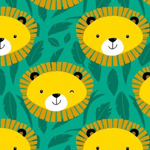 Cute Baby Lion Heads on Jungle Green