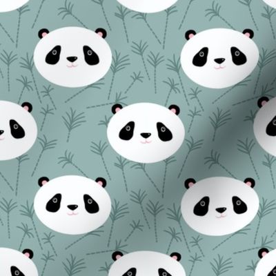 Cute  Baby Panda Heads grey green bamboo