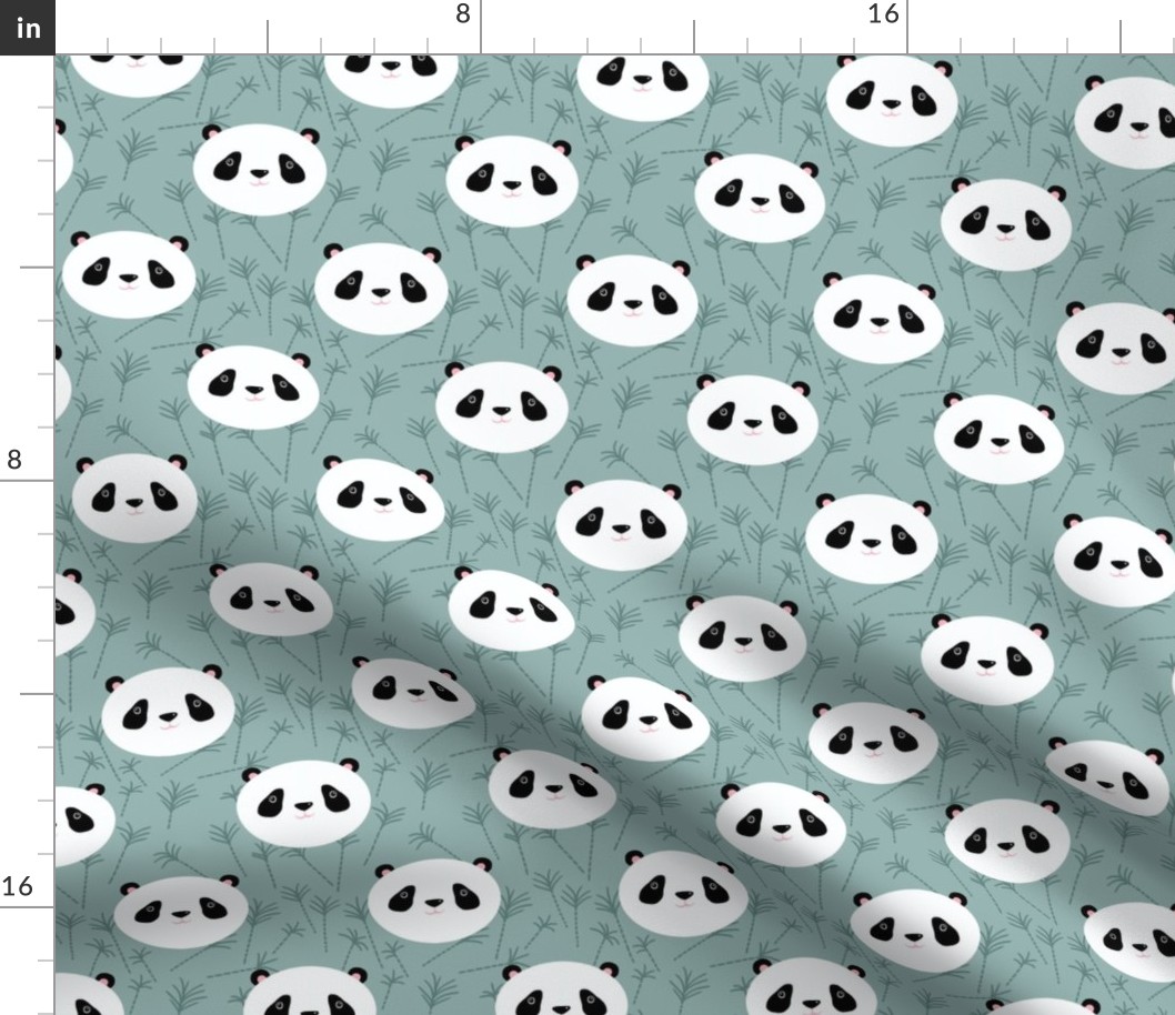 Cute  Baby Panda Heads grey green bamboo