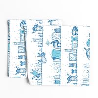 Big sloths washing toile de Jouy blue