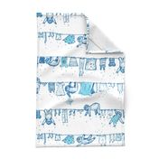 Big sloths washing toile de Jouy blue