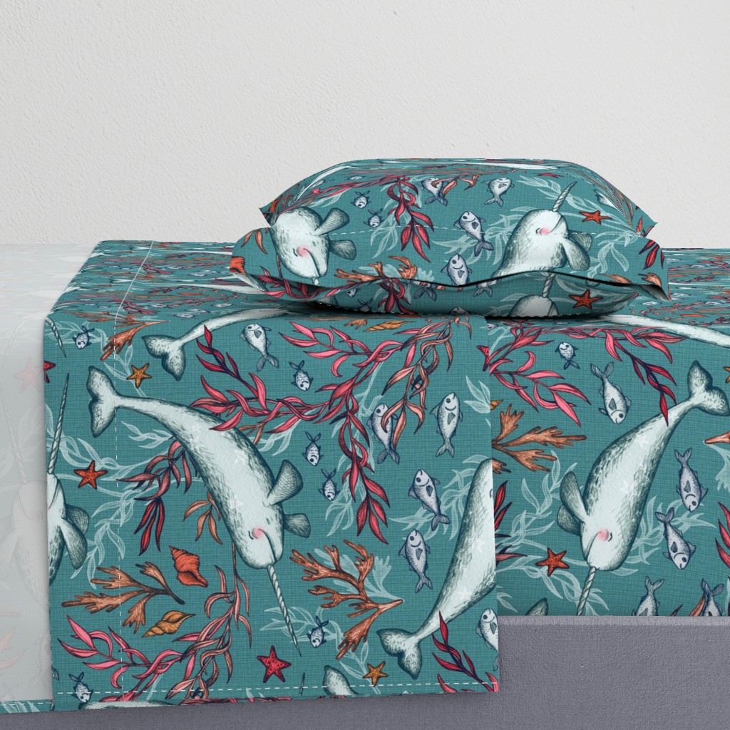 Narwhal Toile - teal blue