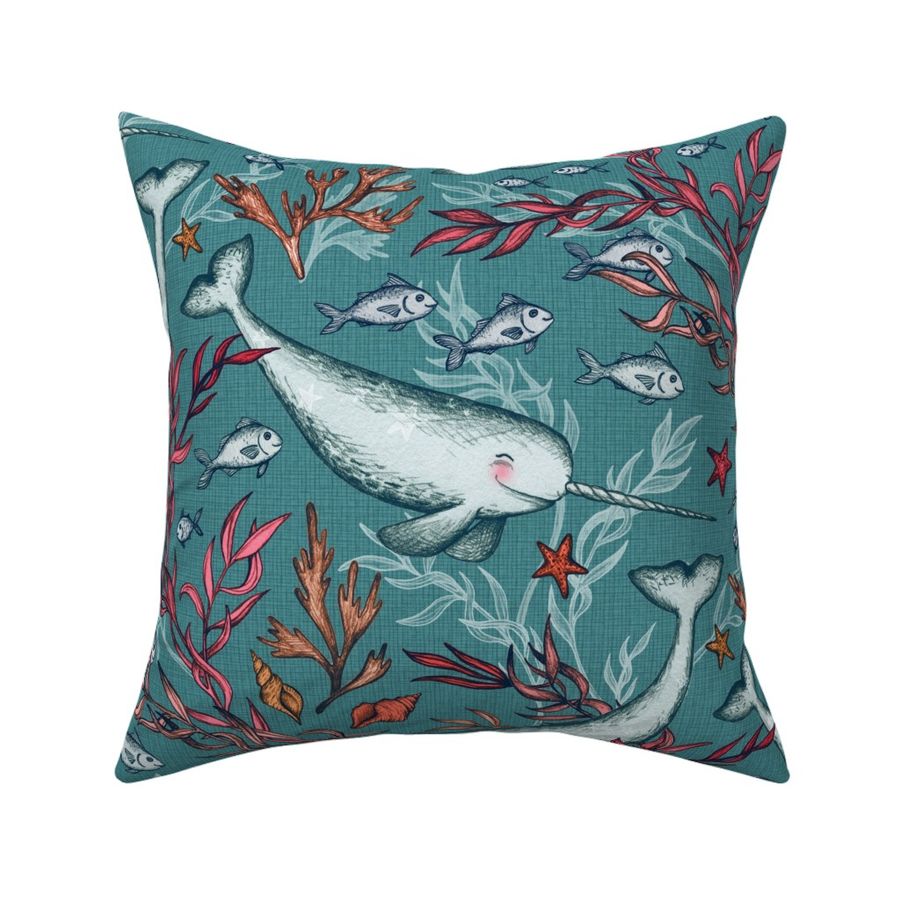 Narwhal Toile - teal blue