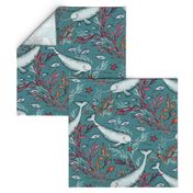 Narwhal Toile - teal blue