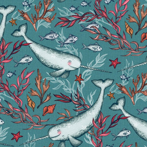 Narwhal Toile - teal blue