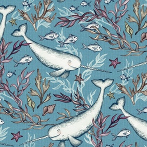 Narwhal Toile - grey blue, large print