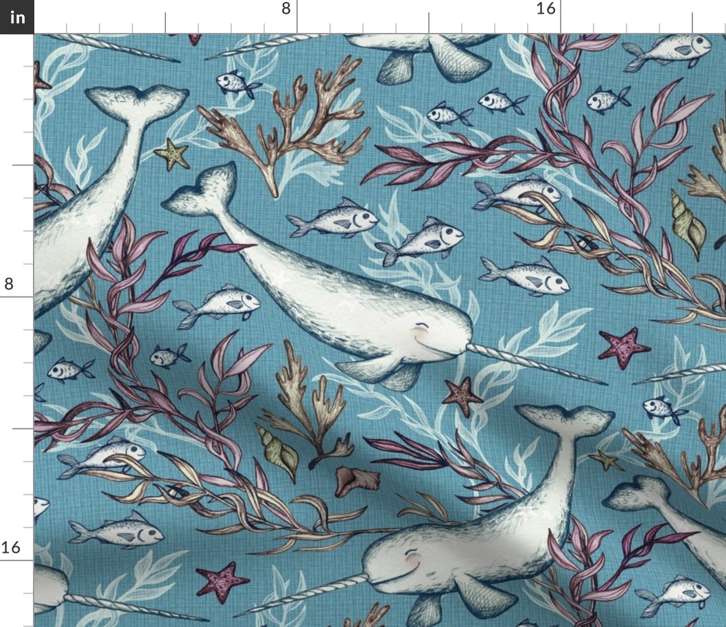 Narwhal Toile - grey blue, large print