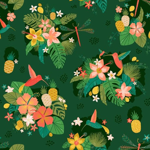 Smaller Scale Hummingbird + Dragonfly Tropical Toile // Island Paradise Flowers, Birds, and Fruit // Pineapple, Lemon, Hibiscus, Plumeria, Foliage, Leaves, Jungle, Palm, Fronds // © Zirkus Design