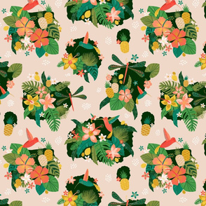 PINK Hummingbird + Dragonfly Tropical Toile // Island Paradise Flowers, Birds, and Fruit // Pineapple, Lemon, Hibiscus, Plumeria, Foliage, Leaves, Jungle, Palm, Fronds // © Zirkus Design