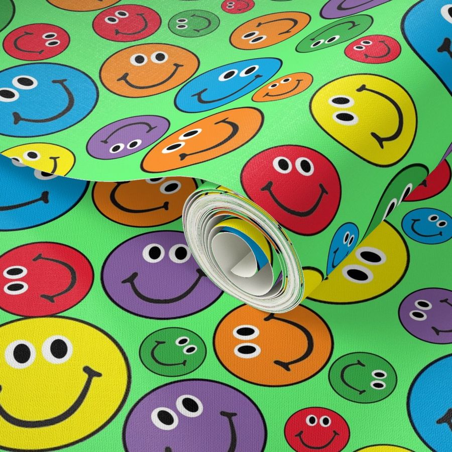 4" Rainbow Smiley Faces Pattern Green