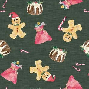 Hand Painted Gingerbread Many, Christmas Pudding, Candy Cane And Present Sack Dark Green Medium