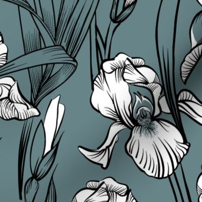 Toile Just Iris Flowers | Grayed Teal Green+Black + White