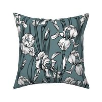 Toile Just Iris Flowers | Grayed Teal Green+Black + White