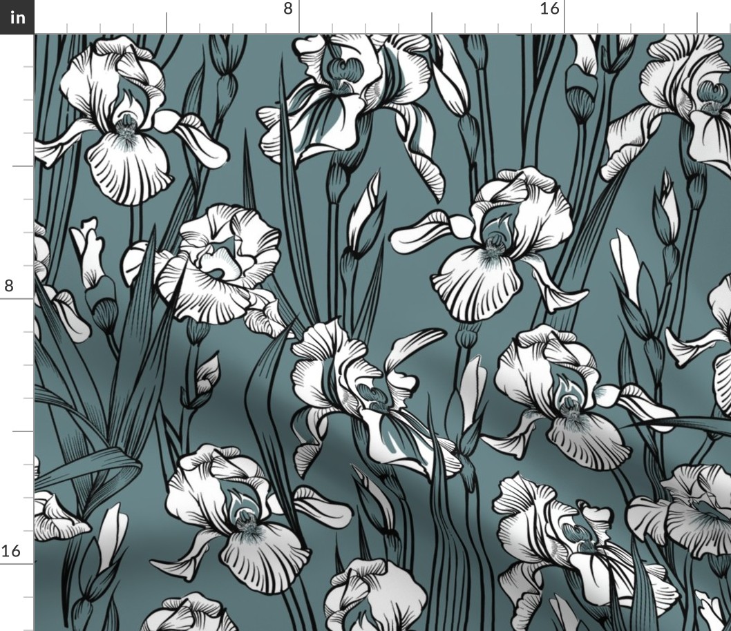 Toile Just Iris Flowers | Grayed Teal Green+Black + White