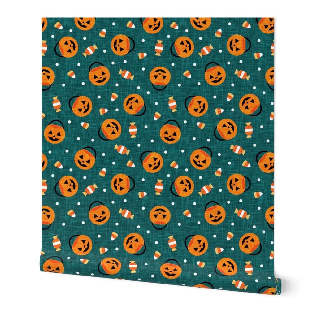 halloween pumpkin candy buckets - trick or treat jack o lantern, candy corn, halloween candy - dark teal  - LAD20