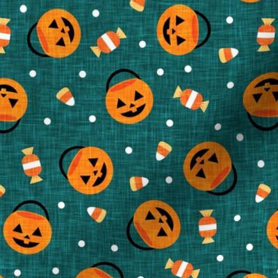 halloween pumpkin candy buckets - trick or treat jack o lantern, candy corn, halloween candy - dark teal  - LAD20