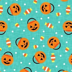 halloween pumpkin candy buckets - trick or treat jack o lantern, candy corn, halloween candy - teal - LAD20