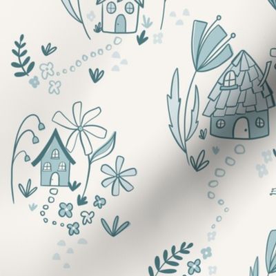 Fairy Village Toile - blue