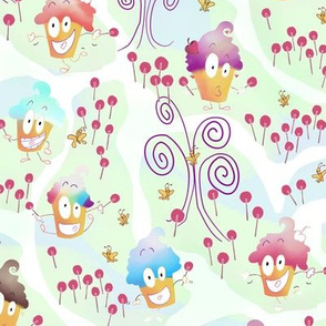 Cupcake Pastoral Modern Toile -- Novelty Happy Bakery Treats in Lollipop Meadow with Butterflies in Pastel Pink, Blue, Rainbow