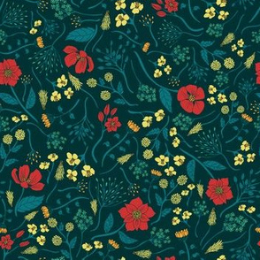 Teal, Red & Yellow Ditsy Floral Pattern