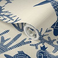 NAVY FOLK ART MERMAID TOILE ON IVORY  LINEN