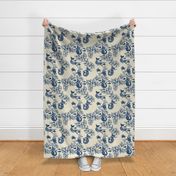 NAVY FOLK ART MERMAID TOILE ON IVORY  LINEN