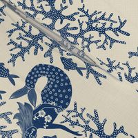 NAVY FOLK ART MERMAID TOILE ON IVORY  LINEN