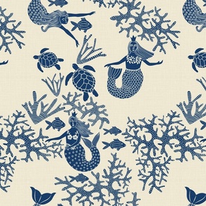 NAVY FOLK ART MERMAID TOILE ON IVORY  LINEN