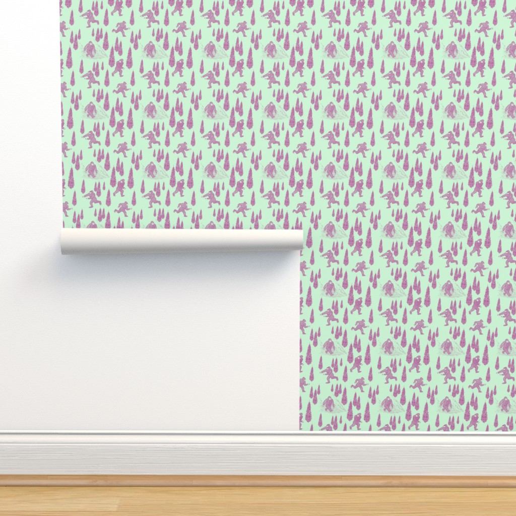 Bigfoot Toile Fuchsia on mint Wallpaper | Spoonflower