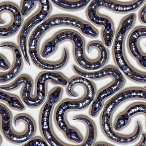 SMALL NEST OF SNAKES METALLIC EFFECT  BLUE ON ECRU BEIGE FLWRHT