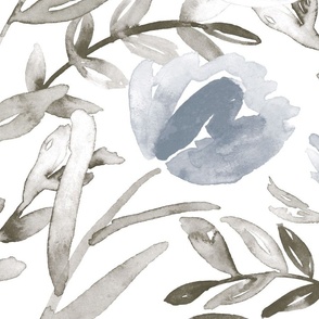 36" Blue and taupe watercolor floral