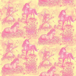 dreamy unicorns toile de jouy pink on yellow