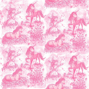 unicorns toile de jouy pink on white
