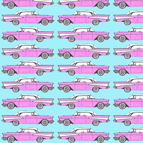 Pink Chevrolets on blue background