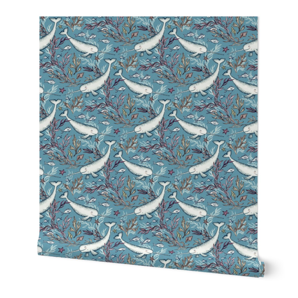 Narwhal Toile - grey blue, small print