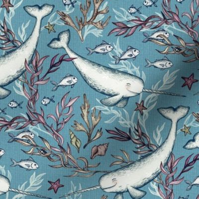 Narwhal Toile - grey blue, small print