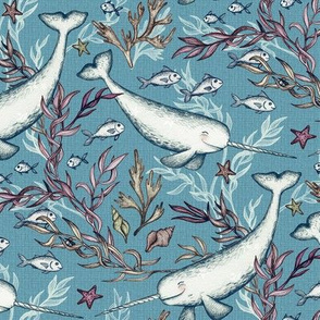Narwhal Toile - grey blue, small print