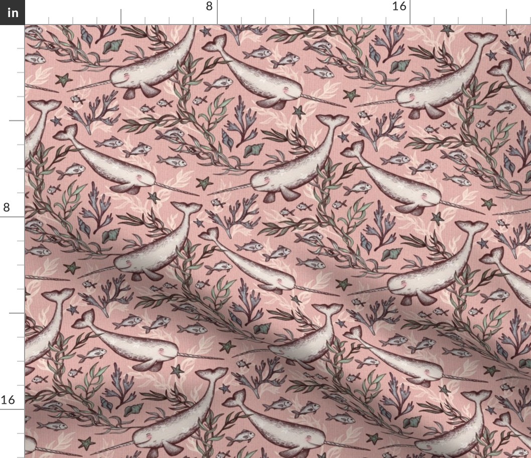 Narwhal Toile - desaturated pink, small print