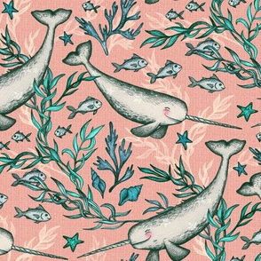 Narwhal Toile - peach pink, small print