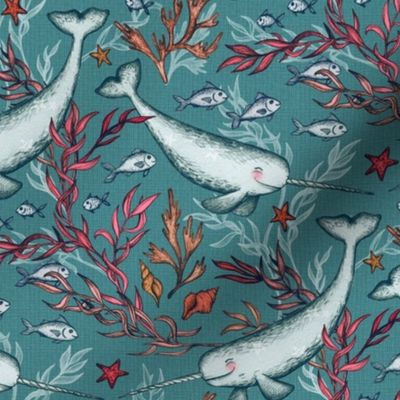 Narwhal Toile - teal blue, small print