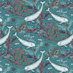 Narwhal Toile - teal blue, extra small print