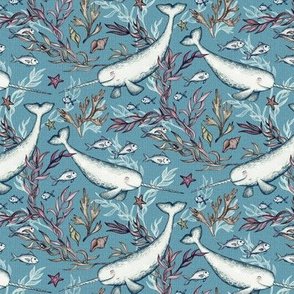 Narwhal Toile - grey blue, extra small print
