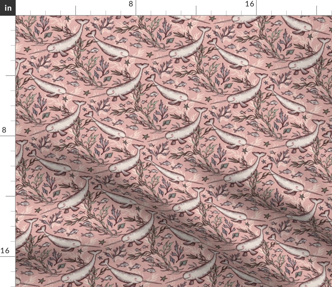 Narwhal Toile - desaturated pink, extra small print