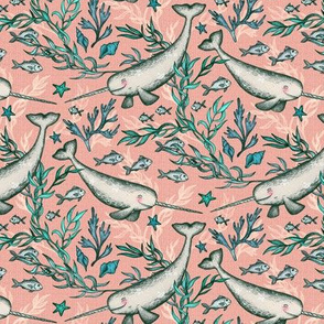 Narwhal Toile - peach pink, extra small print