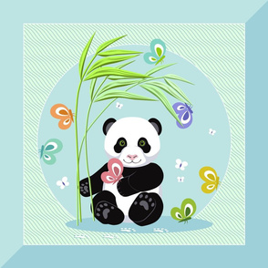 Panda and butterflies, light turquoise background
