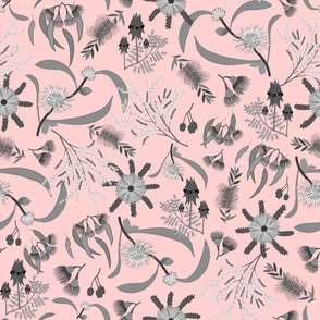 Australian Native Garden - Greyscale on pastel pink, large 