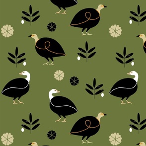 (L) Farmhouse ducks on olive green 