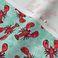(extra small scale) lobsters - watercolor & ink nautical summer - red on aqua - LAD20